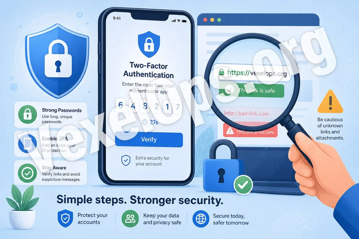 An illustration depicting six categories of articles from VexelOps Blog, including account protection, digital privacy, fraud identification, platform security, cybersecurity tools
