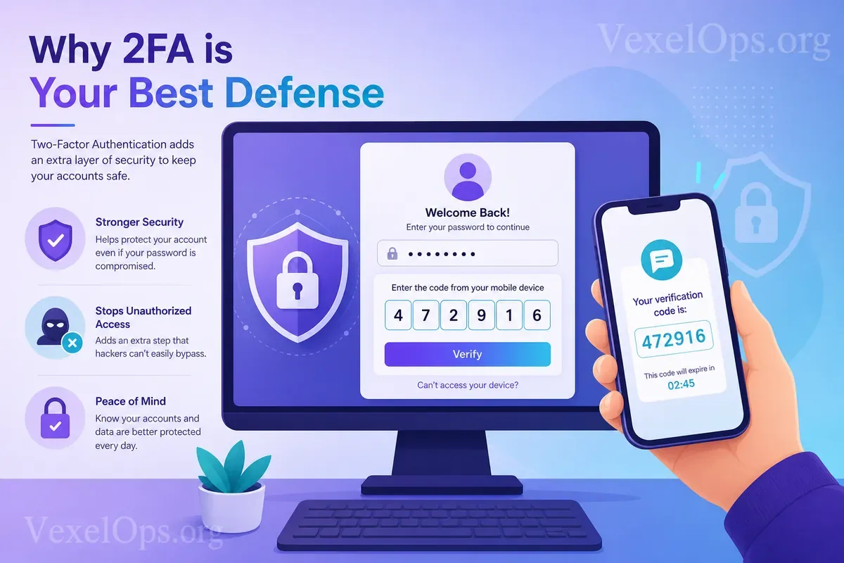 Comparison illustration of two-factor authentication methods, explaining the second layer of login protection beyond passwords, including SMS verification, authenticator apps, back