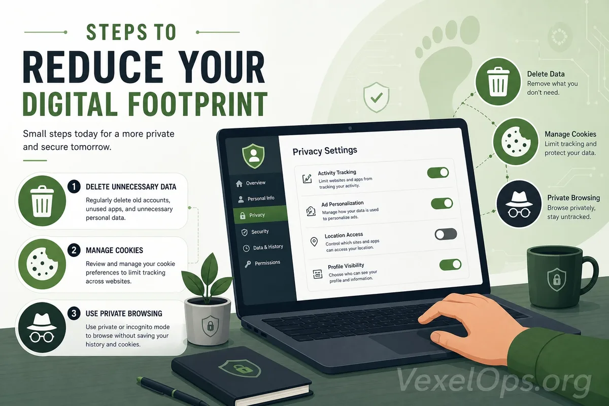 Illustration showing the sources of digital footprints, including social media platforms, search engines, browser cookies, old accounts, and public records that accumulate into a p