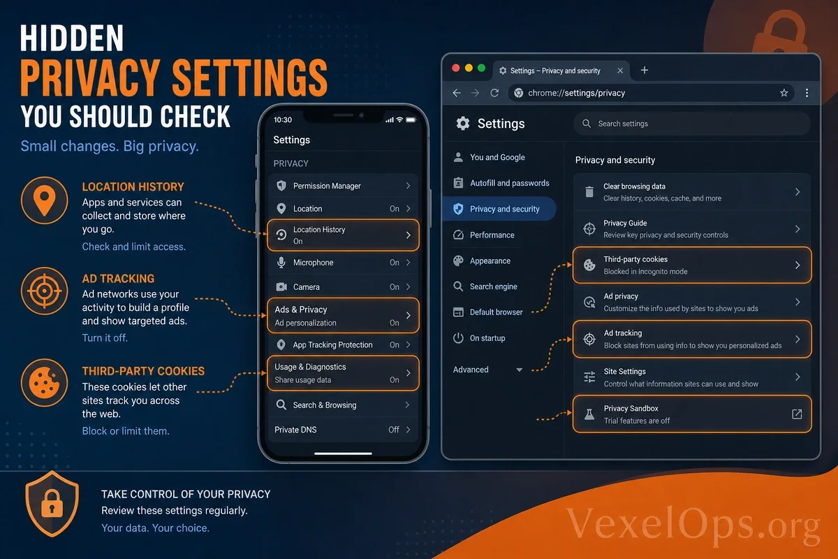 Illustration categorizing privacy settings on mobile and browsers, including location, camera, microphone, notifications, cookies, autofill, and website permissions management.