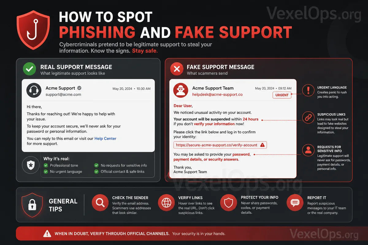 Illustration of suspicious link verification process, explaining how everyday users can assess phishing risks based on message source, URL, verification code requests, and login re