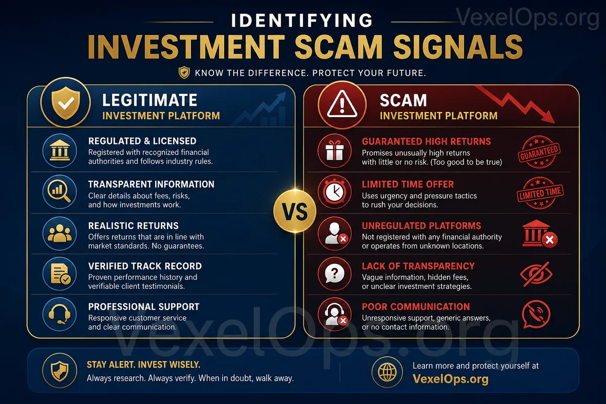 Investment scam red flags illustration, outlining common risk signals such as guaranteed profits, limited deposits, group trades, fake customer service, and fees required before wi