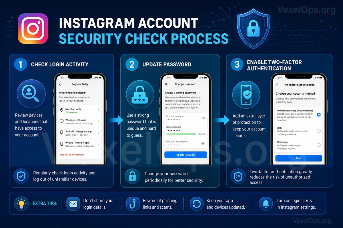 Illustration of Instagram account security checklist, including password safety, two-factor authentication, login activity, recovery information, third-party access, and suspicious