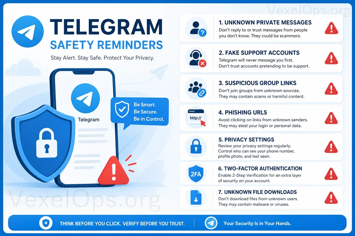 Safety reminders when using Telegram, including strange messages, fake customer service, suspicious groups, phishing links, privacy settings, two-factor authentication, and unknown