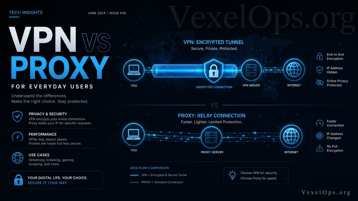 VPN 與 Proxy 差別封面圖，呈現深藍黑色科技風格的加密通道、中轉節點、資料流與網路安全工具概念。
