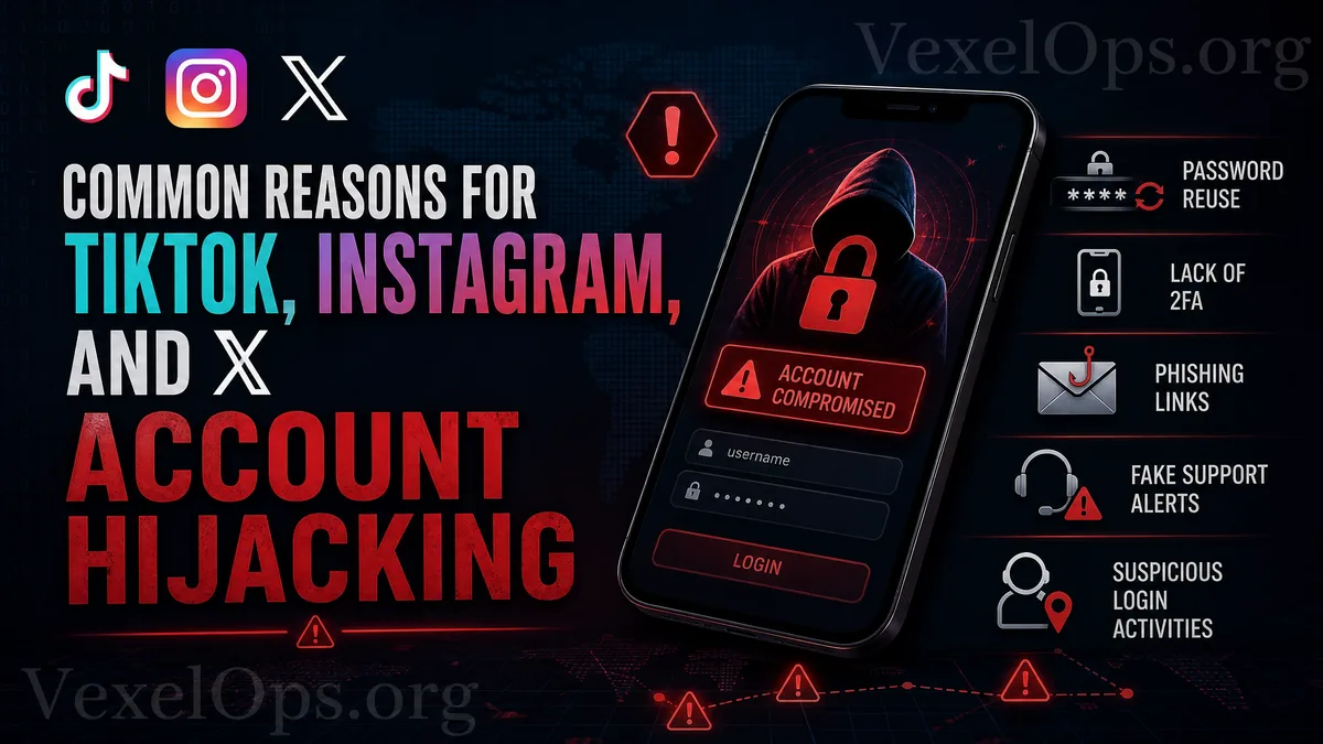 Cover image illustrating the risk of hacked social media accounts, featuring login alerts, suspicious links, account protection, and a digital shield in a dark blue-black technolog
