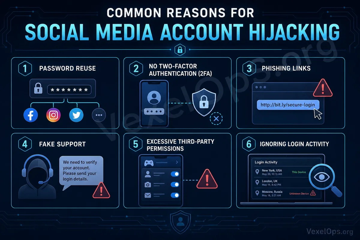 Diagram showing common reasons for social account hacks, including password reuse, lack of two-factor authentication, phishing links, fake customer support, third-party authorizati