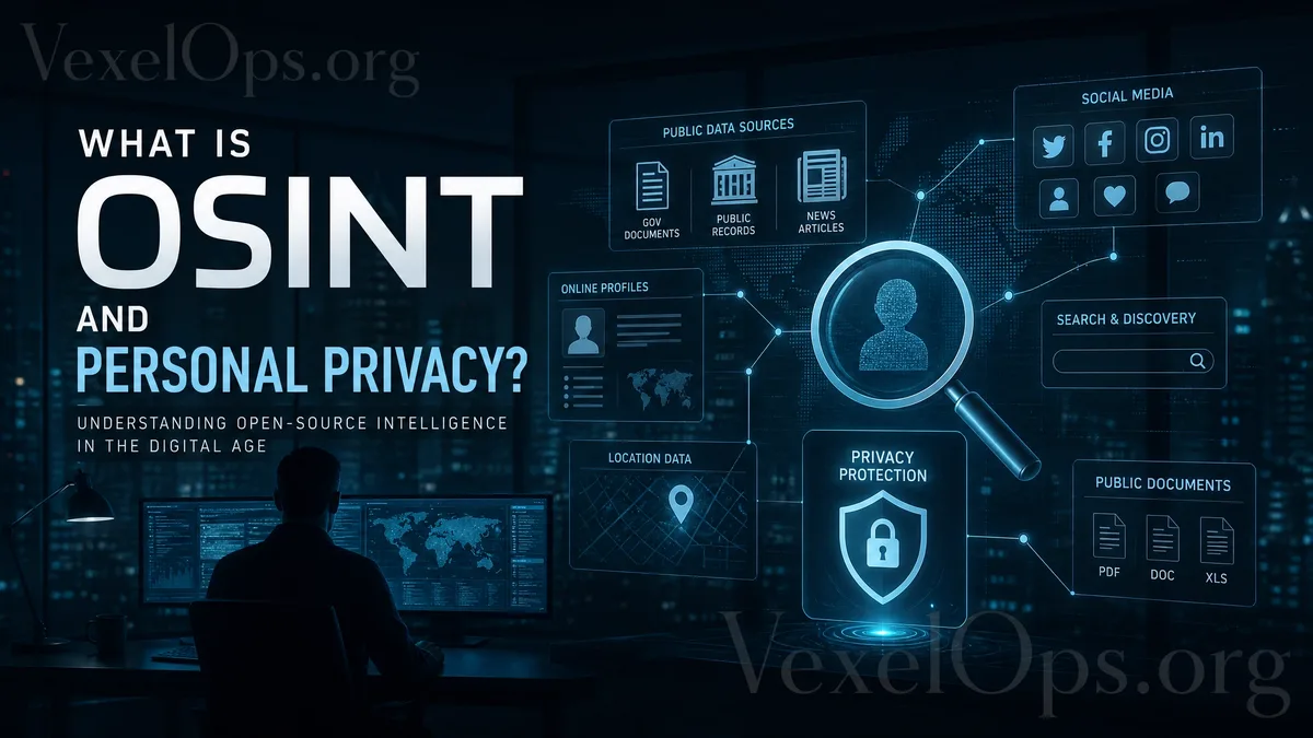 Cover image for OSINT and personal privacy risks, featuring a deep blue-black themed information analysis style with open data nodes, search interfaces, data connections, and a pri