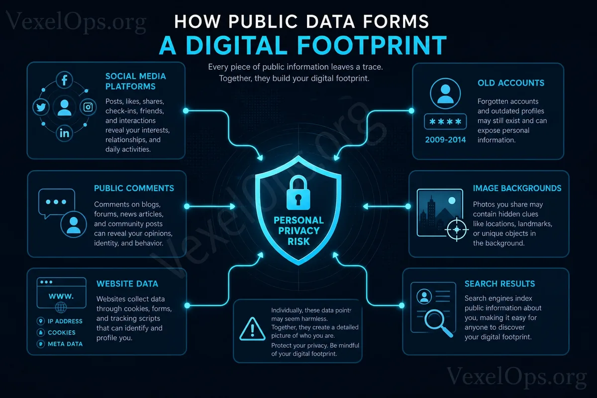 Illustration of the relationship between public data sources and privacy risks, including social media platforms, old accounts, public comments, image backgrounds, website data, an