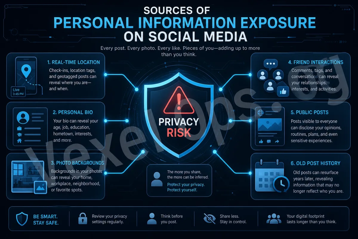 Diagram illustrating sources of personal information exposure on social platforms, including real-time location, personal profiles, photo backgrounds, friend interactions, public p
