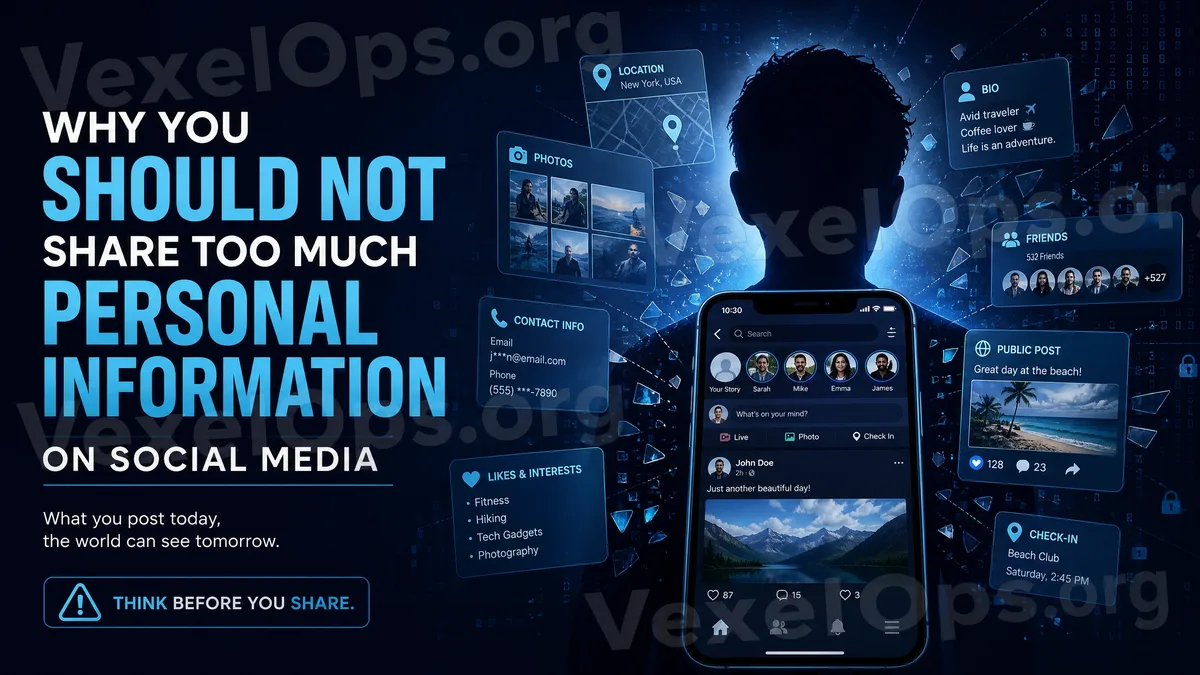 Cover image about the risks of sharing too much personal information on social media, showing a mobile social interface, data fragments, location privacy, and a digital shield.