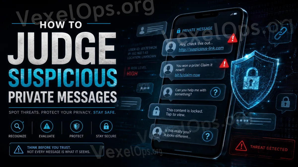 Cover image for judging suspicious messages risk, featuring a deep blue-black tech style with smartphone notification, warning symbols, suspicious links, and a digital shield.