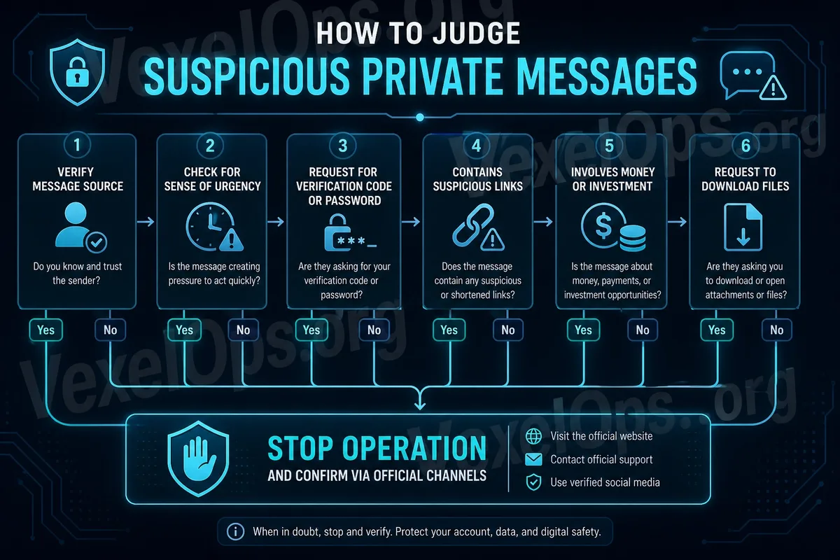 Flowchart for judging suspicious messages, including checks for message source, urgency language, verification code requests, suspicious links, monetary investments, and unknown fi