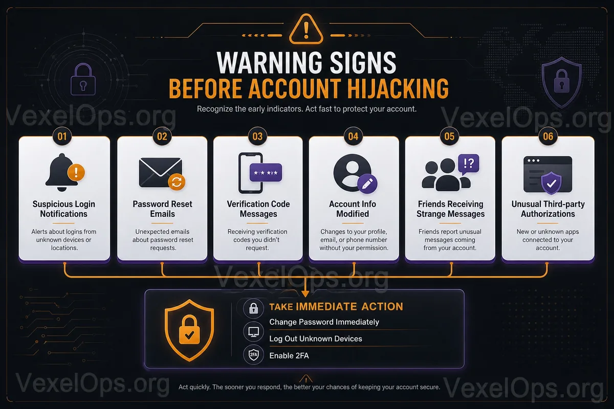 Flowchart of warning signs of account theft, including suspicious login notifications, password reset emails, verification code messages, modified account information, strange mess