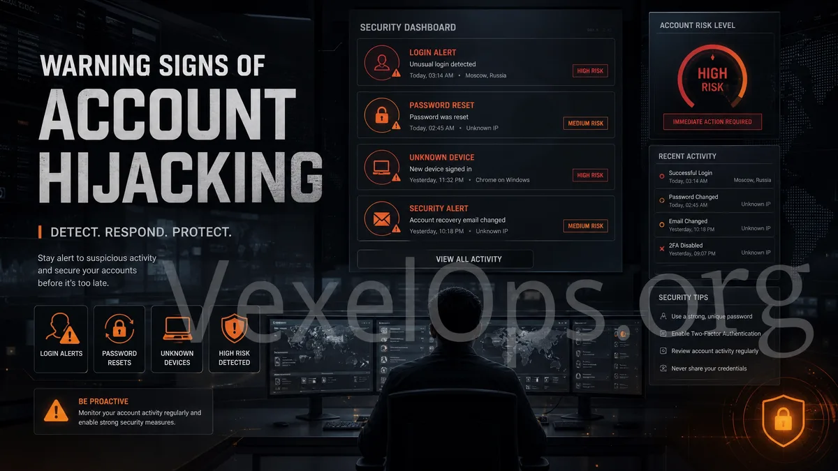 Cover image depicting warning signs of account compromise, featuring dark-themed security alert notifications, password reset reminders, unfamiliar devices, and account protection