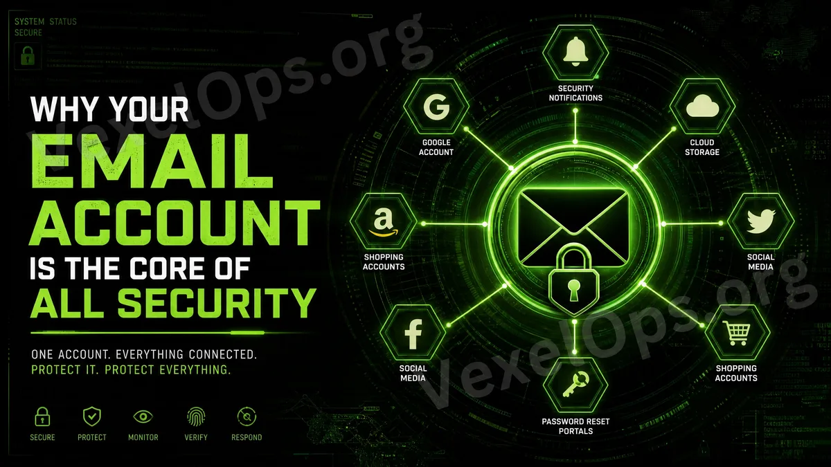 Cover image illustrating the core security of email accounts, featuring a technology-themed design with a foggy black and deep green color palette, an email envelope, a protective