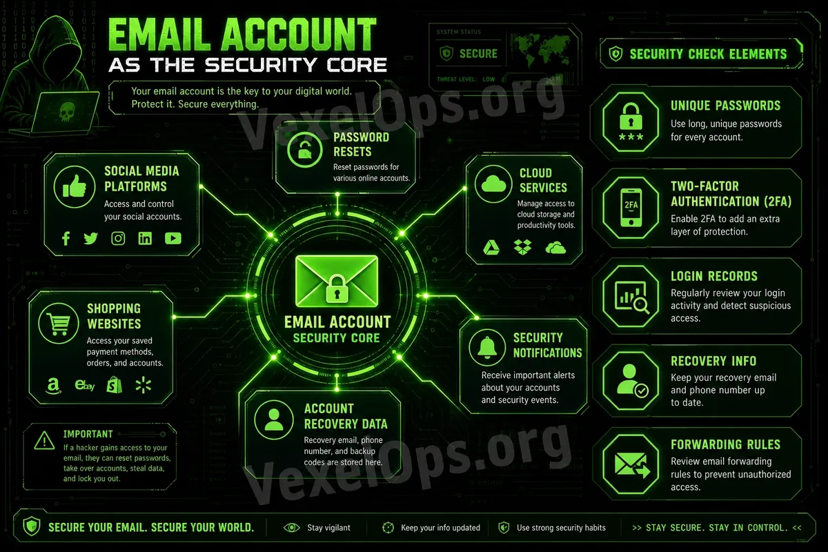An illustration showing email as the core of account security, explaining how email connects to password resets, social platforms, cloud services, shopping sites, security notifica
