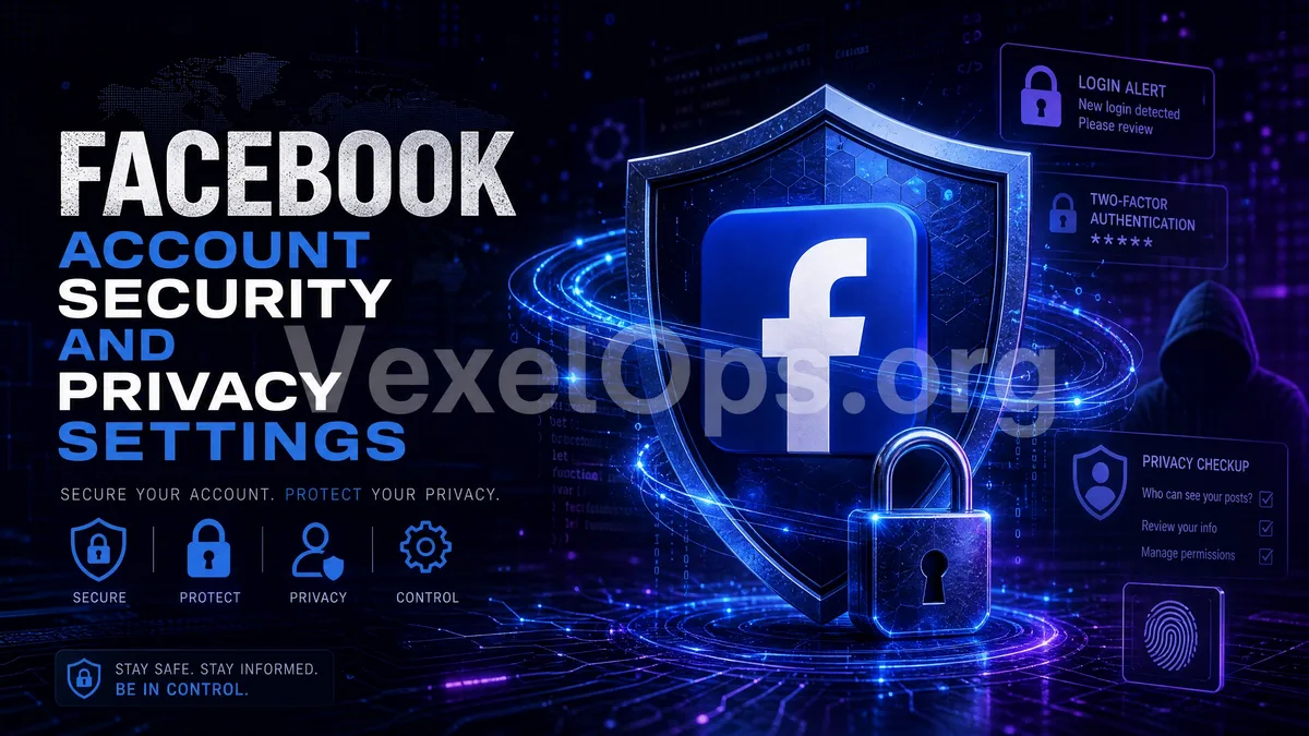 Cover image for Facebook Account Security and Privacy Settings, featuring a dark tech-style account protection, login alerts, and a privacy shield.
