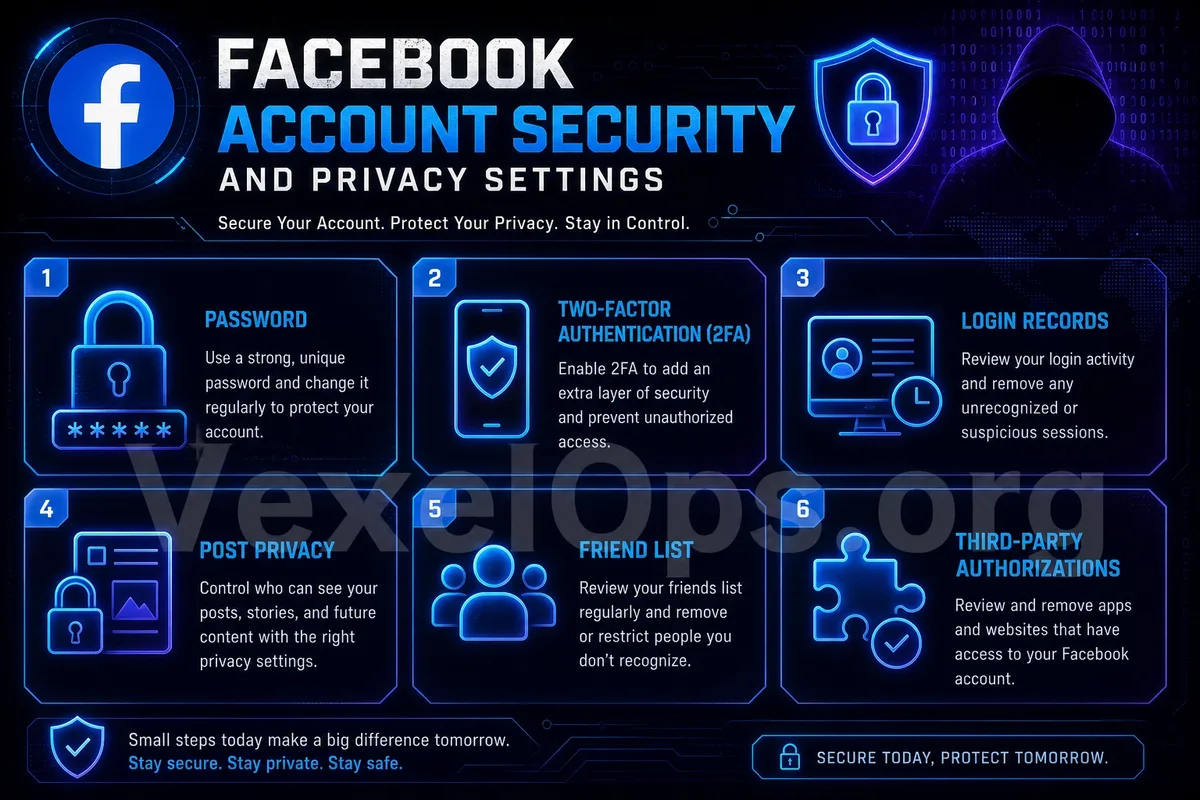 Cover image for Facebook account safety and privacy settings, showcasing a dark tech style of account protection, login alerts, and privacy shields.