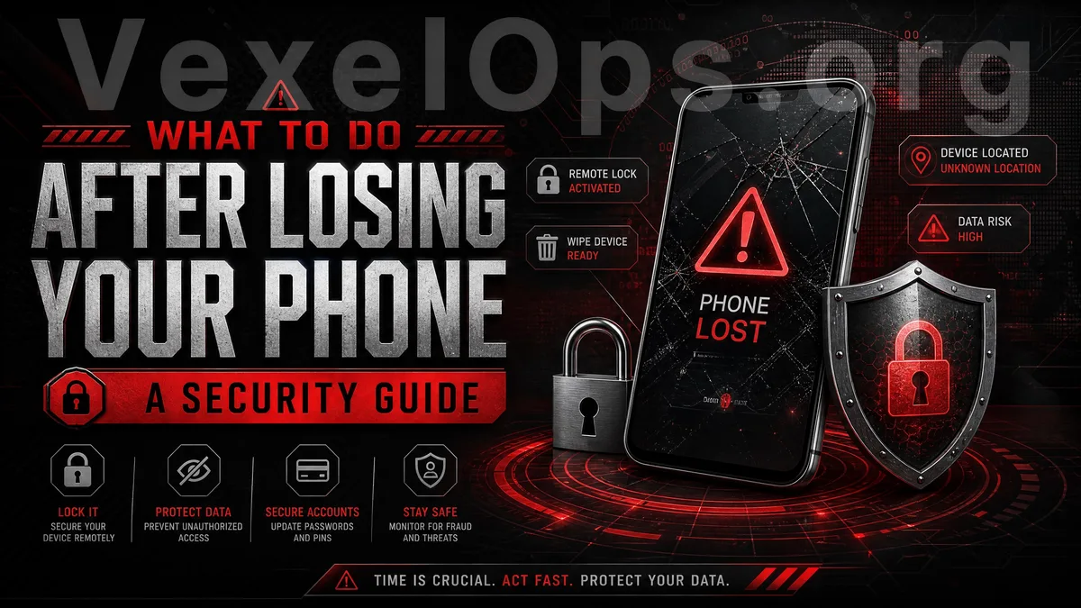 Cover image for protecting accounts and personal data after losing a phone, featuring a dark minimalist style of a lost phone, a lock symbol, and a data protection shield.