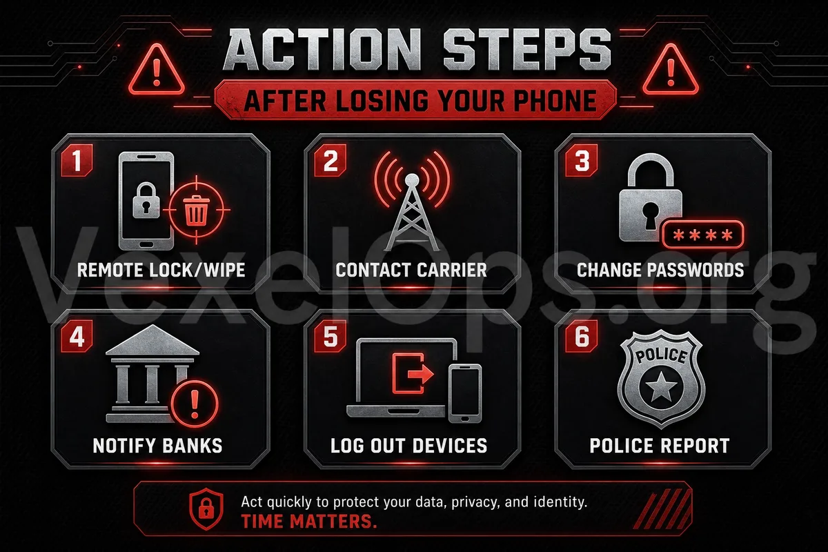 Infographic on the security measures to take after losing your phone: remote lock, protect email, change passwords, disable SIM card, and check payment and cloud data.