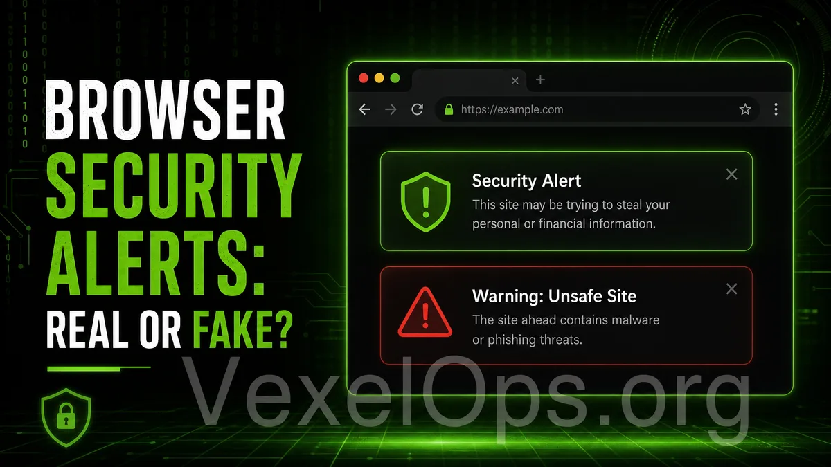 Cover image depicting fake browser security warnings, showing suspicious notifications, warning symbols, browser windows, and account protection concepts.