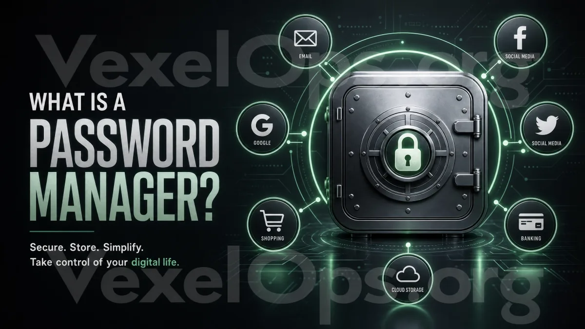 Password manager account protection cover image, representing secure password vault, padlock, account nodes, and password protection concept.