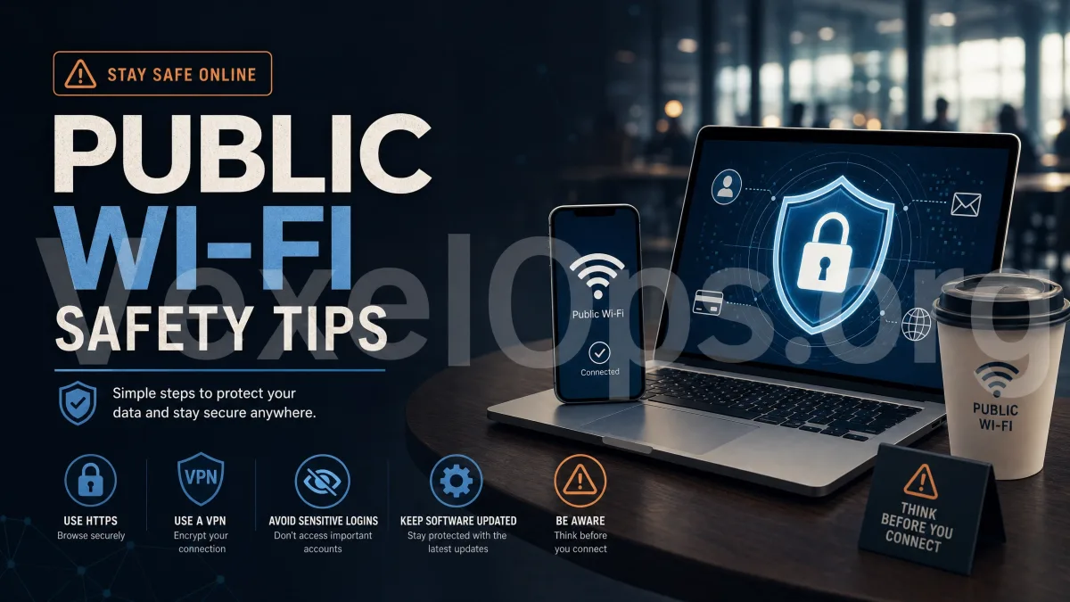 Public Wi-Fi security tips cover image depicting public networks, smartphones, laptops, locks, and data protection shields.