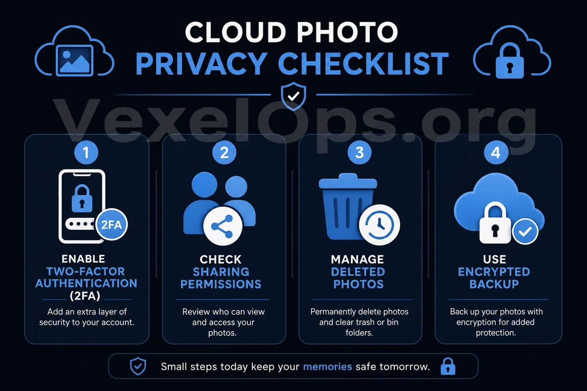 Cloud photo album privacy safety check chart, including location information, sharing links, document screenshots, account login, and two-factor authentication.