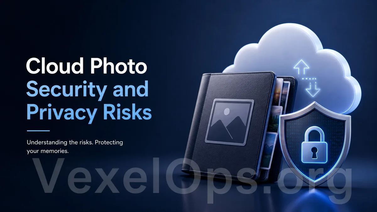 Cover image on cloud photo album privacy, featuring cloud backup, photo thumbnails, a lock, and a data protection shield.