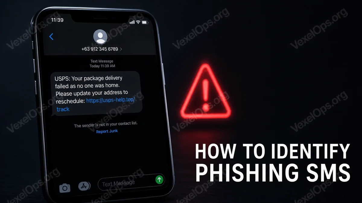 Cover image warning about phishing texts, depicting a suspicious message on a phone, alert symbol, padlock, and data protection concept.