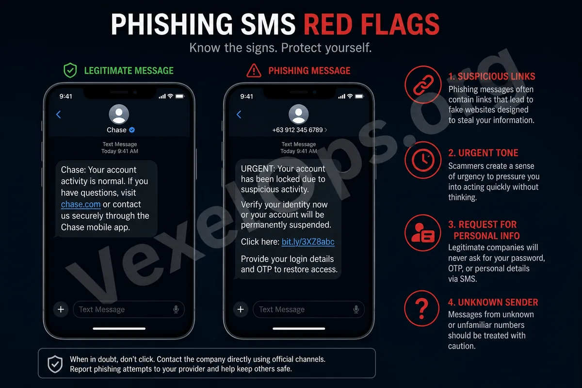 Types of common phishing SMS illustrated, including fake package notifications, fake bank alerts, account anomaly notifications, and payment failure links.