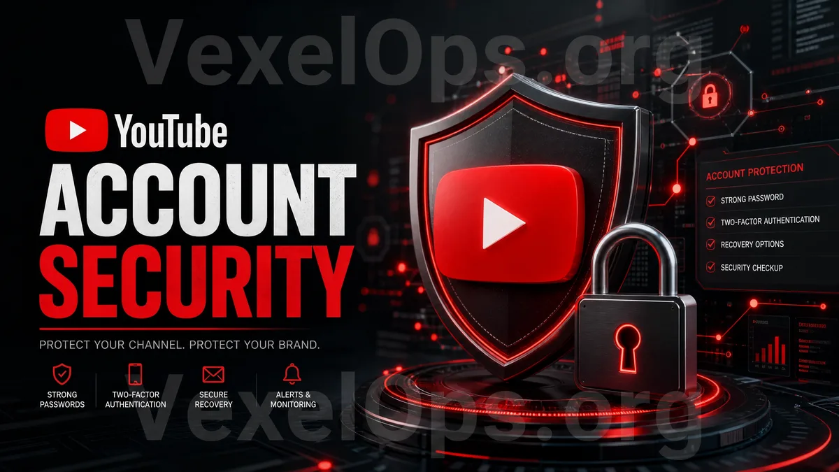 YouTube account security cover image showing the account interface, login reminder, lock icon, and channel protection concepts.