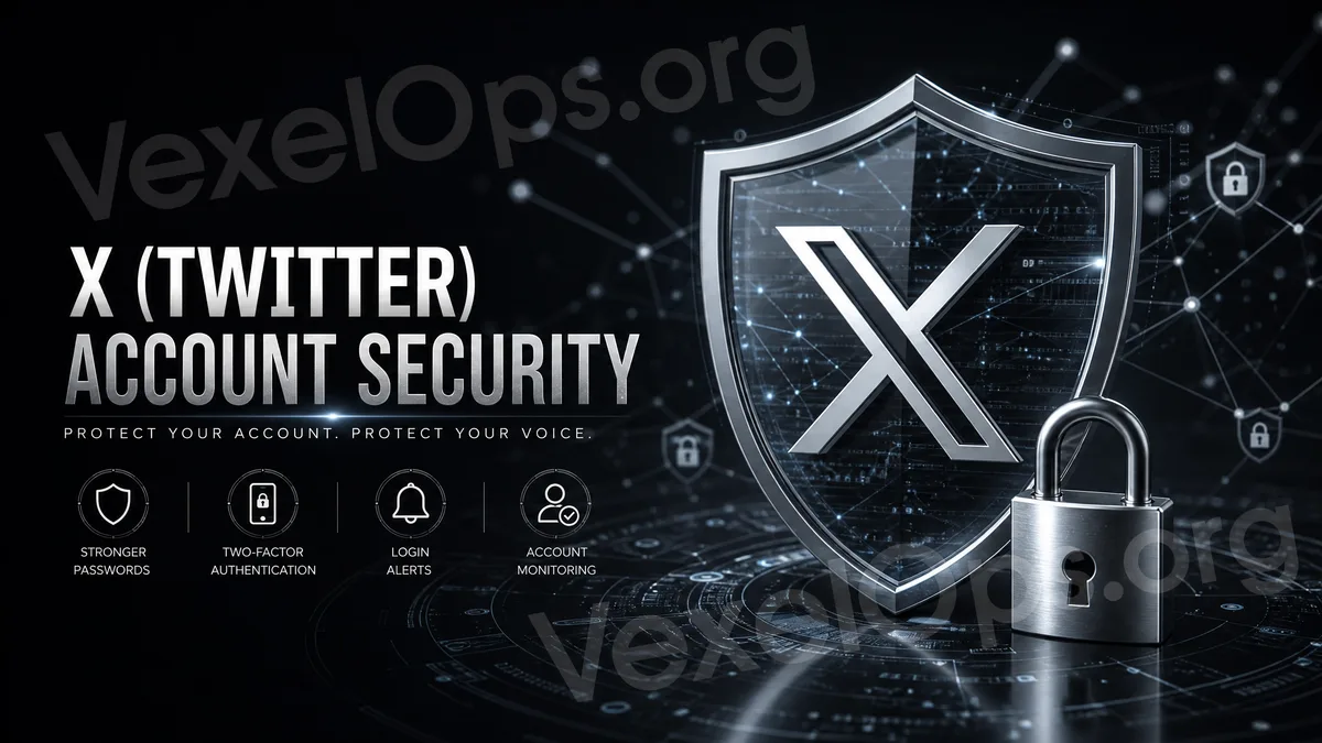 Cover image for X account security reminders, featuring abstract social dynamics interface, padlock, warning symbols, and privacy shield.