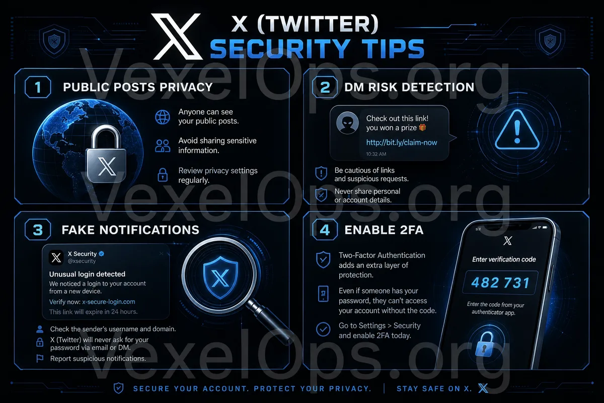 X account security checklist, including public posts, unknown private messages, fake notifications, login activities, and two-factor authentication.