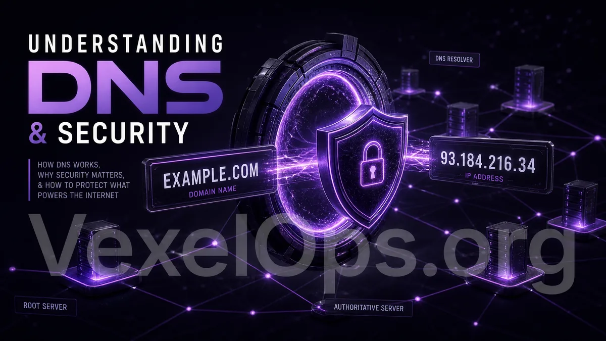 Cover image illustrating DNS and website security, featuring a browser address bar, DNS nodes, and connections to web servers.