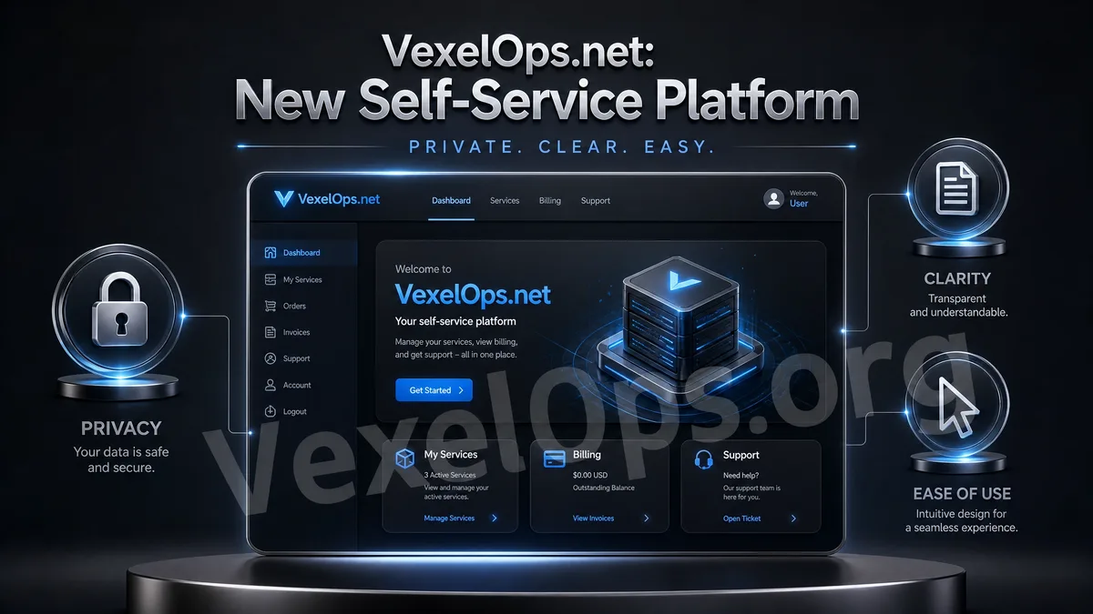 Cover image of the VexelOps.net self-commissioning service platform, showcasing digital service interfaces and concepts of privacy and security.