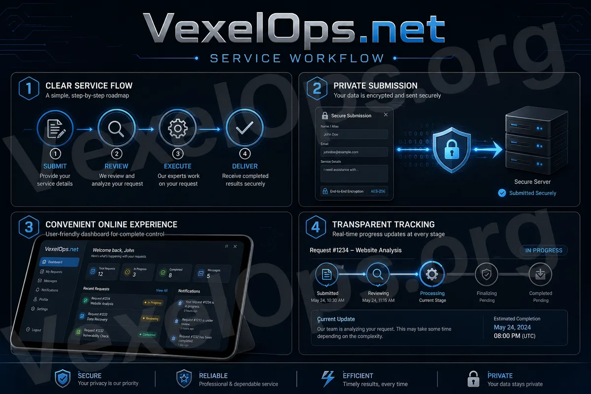 VexelOps.net platform process diagram showing steps including selecting services, submitting requests, confirming processes, and accessing subsequent services.