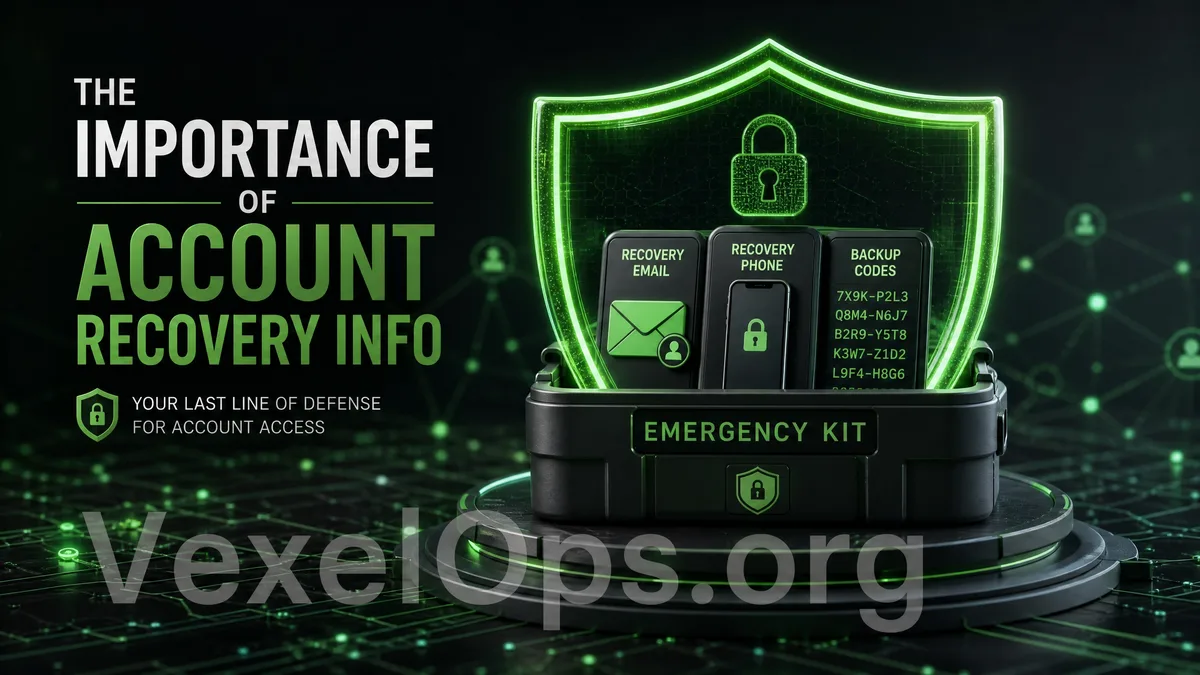 A cover image illustrating the importance of account recovery information, featuring icons of email, phone verification, backup codes, and a padlock.