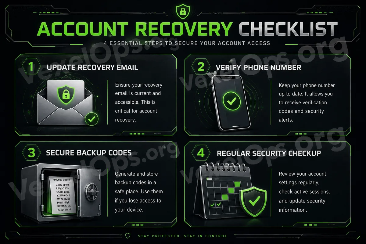 Account recovery information security check diagram featuring recovery email, phone number, backup codes, and two-factor authentication.