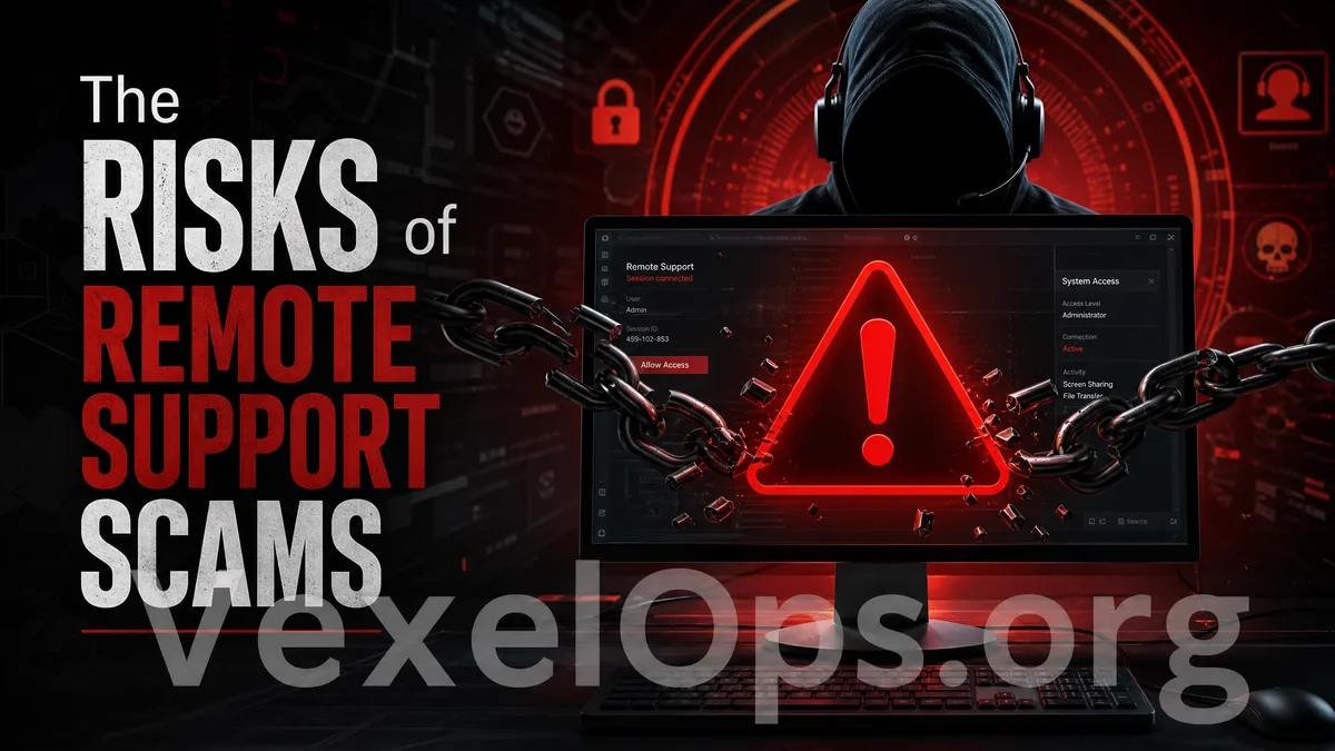 Cover image about remote assistance scam risks, featuring visuals of remote connection, warning symbols, and account protection concepts.