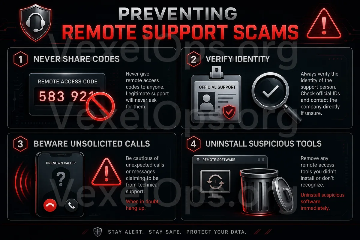 Risks of remote support scams illustrated, including fake customer service, screen sharing, verification code requests, and payment operation risks.
