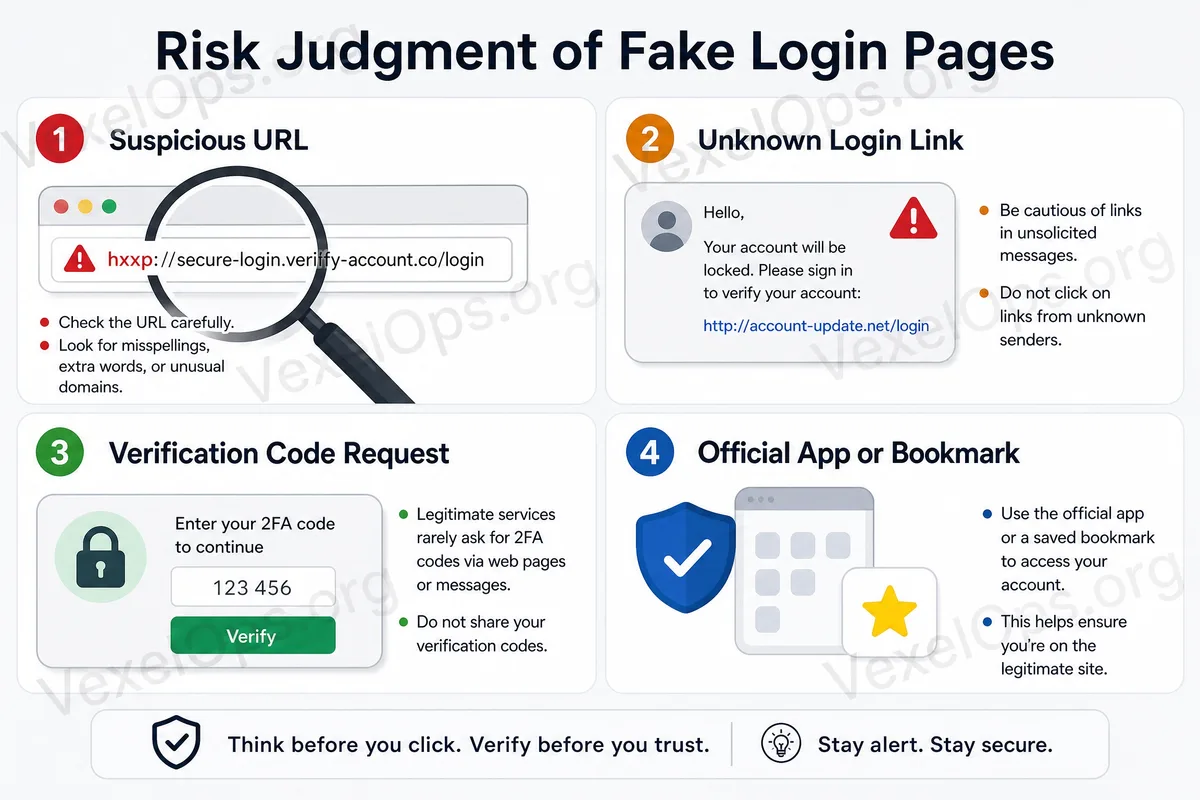 Illustration showing risks of fake login pages, including suspicious URLs, unknown login links, verification code requests, and official App confirmations.