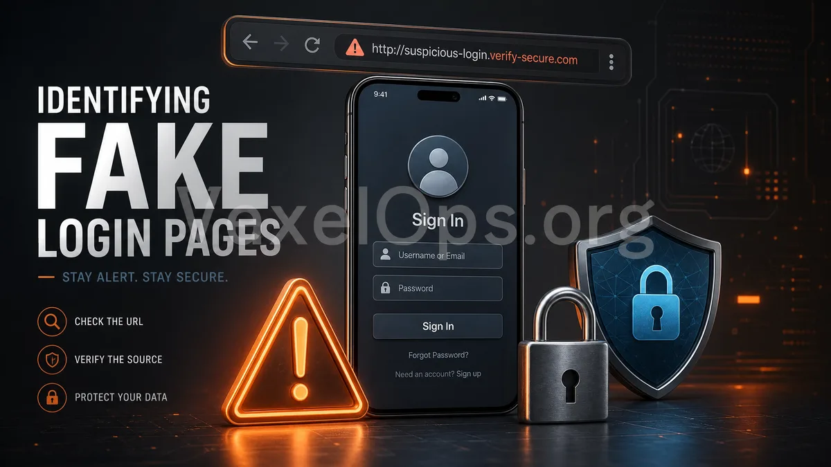 Cover image illustrating risks of fake login pages, featuring a suspicious login page, URL bar, warning symbols, locks, and account security concepts.