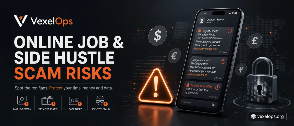 Cover image on online part-time job scam risks, featuring mobile job messages, money symbols, warning icons, and account protection concepts.