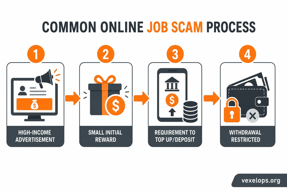 Diagram illustration of online part-time job scam process, including high income advertisement, small returns, recharge requests, and withdrawal limitations among common risks.