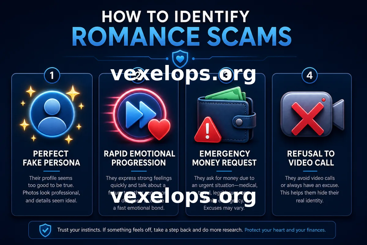 Diagram showing risk judgment for online dating scams, including rapid relationship building, refusal to meet, requests for transfers, and guidance towards investments as common