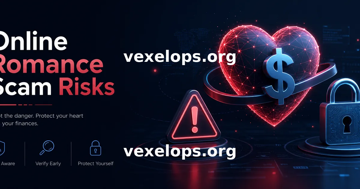 Cover image for online dating and romance scam risks, depicting a smartphone chat interface, hearts, money symbols, warning signs, and account protection concepts.