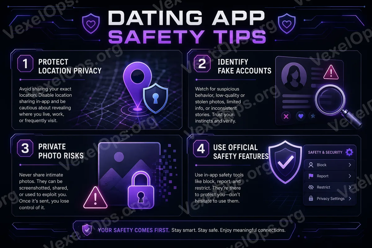 Safety checklist for dating app usage, including location protection, photo privacy, fake accounts, suspicious links, and meeting safety, applying to Grindr, Blued, Hornet, Jack’d,