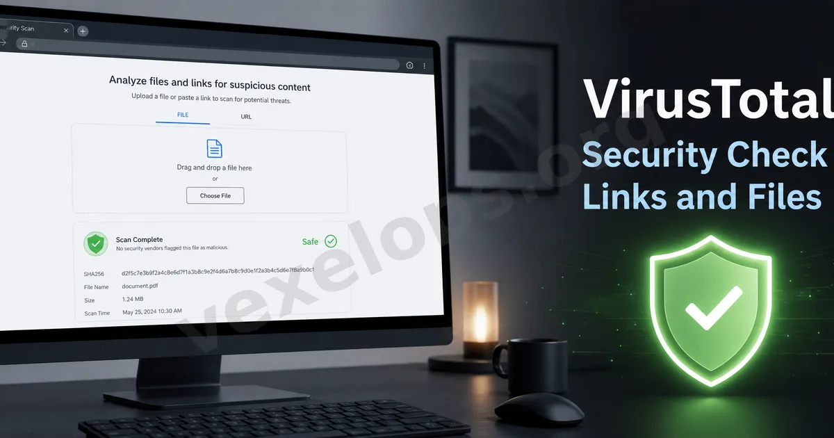 VirusTotal suspicious link and file check cover image, showcasing the file scan interface, magnifying glass, padlock, and security concepts.